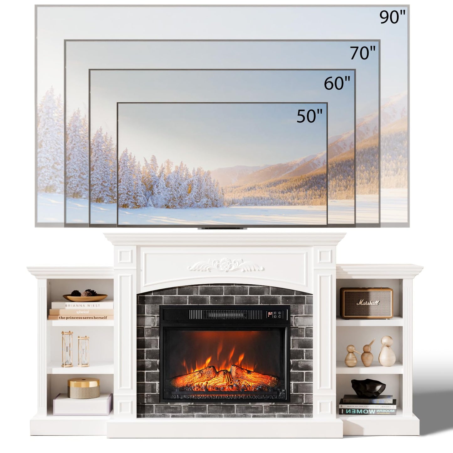 Bonnlo 80'' Fireplace TV Stand for 90'' TVs, Farmhouse Modern Electric Fireplace with Mantel, Media Entertainment Center Console Table with Ample Storage ＆ Adjustable Shelves, White