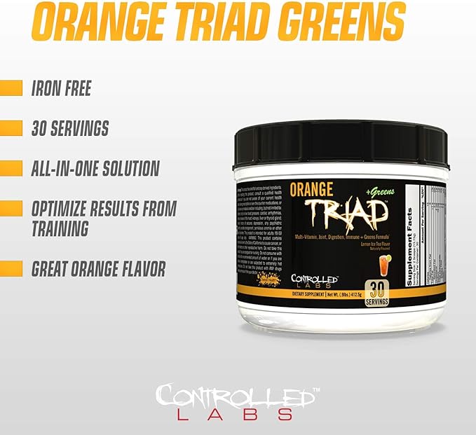 CONTROLLED LABS Orange Triad Plus Greens for Men and Women, 30 Servings Iron Free Sports Supplement for Overall Health, Multivitamin, Digestion, Immune System, and Joint Health