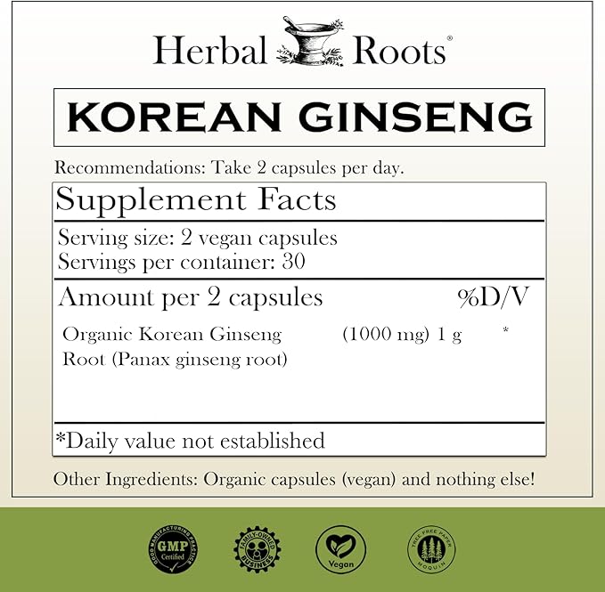 Herbal Roots Panax Ginseng | Organic Korean Ginseng Root Powder | 1000mg | High Ginsenosides for Energy & Performance | 60 Vegan Capsules