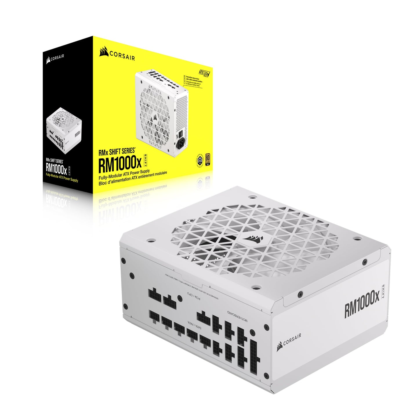 CORSAIR RM1000x Shift Fully Modular ATX Power Supply - 80 Plus Gold - ATX 3.1 - PCIe 5.1 - Zero RPM - Modular Side Interface - White