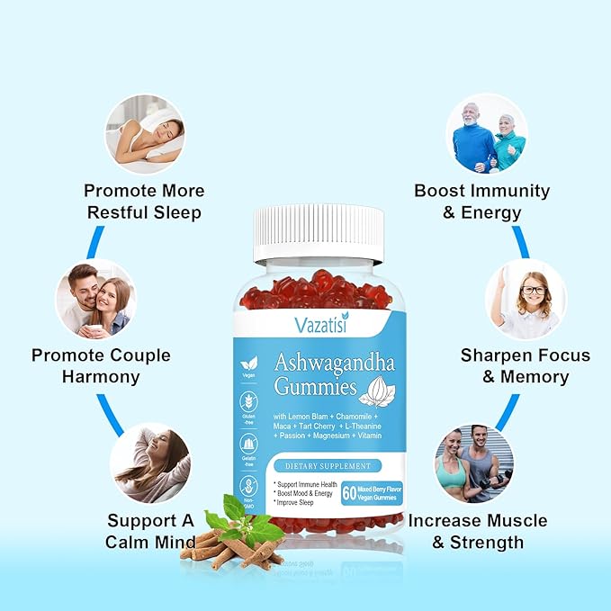 2 Pack Ashwagandha Gummies for Women Men, Sugar Free Organic Ashwagandha Gummies Supplement for Relax Restore Balance, Vegan Gluten Free, 120 Count