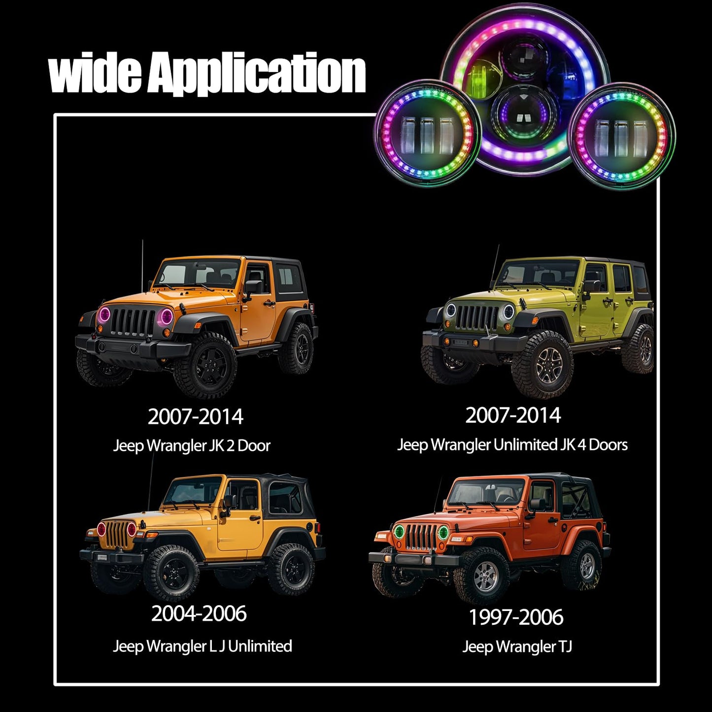 7" RGB Headlights & 4" Fog Lights Combo with Bluetooth Controlled Custom Colors,Music Mode, IP67 Waterproof DOT Kits,for 2007-2018 JK/JKU, 1997-2006 TJ, 2004-2006 LJ, 76-86 CJ