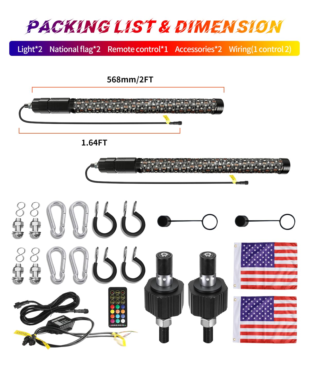 2FT Fat Spiral LED Whip Lights with Remote and APP Control, 300 Colors & 200 Modes RGB Chasing/Dancing Lighted Thick Antenna Applicable for RZR Can-Am Polaris UTV ATV Pickup Trucks, 2PCS (PRO, 2FT)