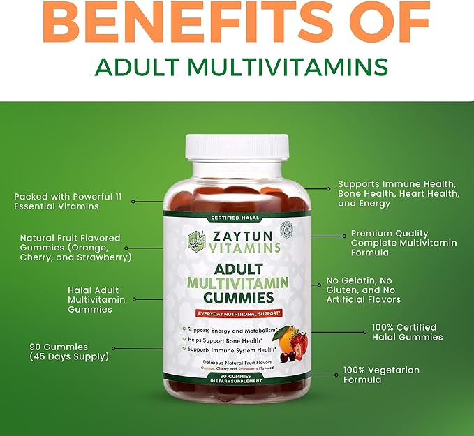 Halal Adult Multivitamin Gummies for Men, Women, Complete Everyday Nutritional Support with Biotin, Vegan, Natural Fruit Flavors, Non-GMO, Made in USA - Halal Vitamins