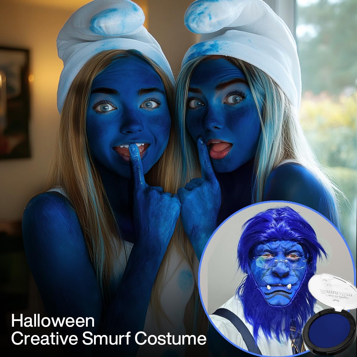 Blue Face Paint Cream to Powder Makeup Foundation, Professional Dark Blue Face Painting Concealer for Adults & Kids, Non-Toxic Halloween SFX Make up Body Paint for Smurf Mystique Cosplay Avatar Makeup