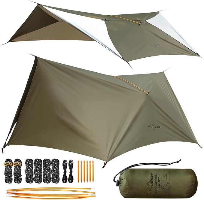 Camping Tent Tarp Waterproof, Ultralight Hammock Rain Fly, Portable Rain Tarp Canopy with Doors, Multifunctional Bushcraft Tarp for Outdoor Backpacking Hiking, UV Protection