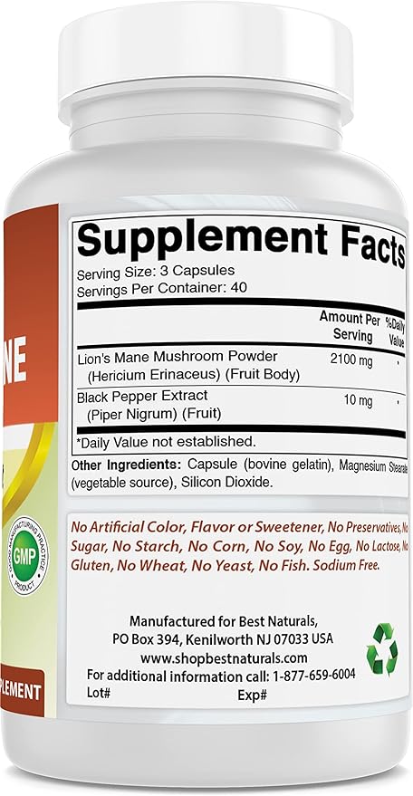 Best Naturals Lions Mane Mushroom Supplement 2100mg - 120 Capsules - Supports Mental Clarity, Focus & Immune Health - Added Black Pepper for Maximum Absorption