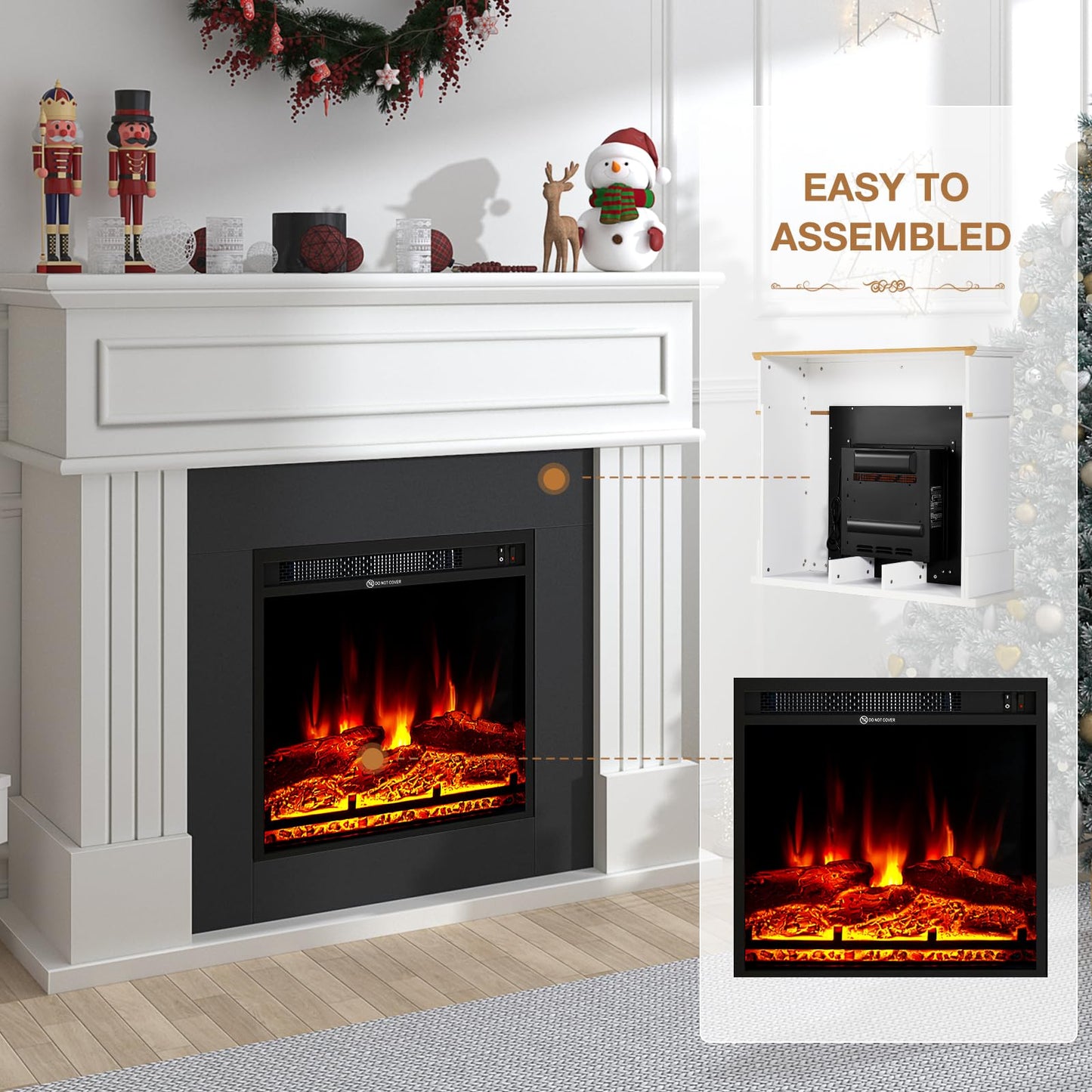 oneinmil Electric Fireplace with Mantel, Fireplace TV Stand with 18’’ Electric Fireplace Heater, 3D Realistic Flame, Freestanding Fireplace for Living Room, Bedroom, White