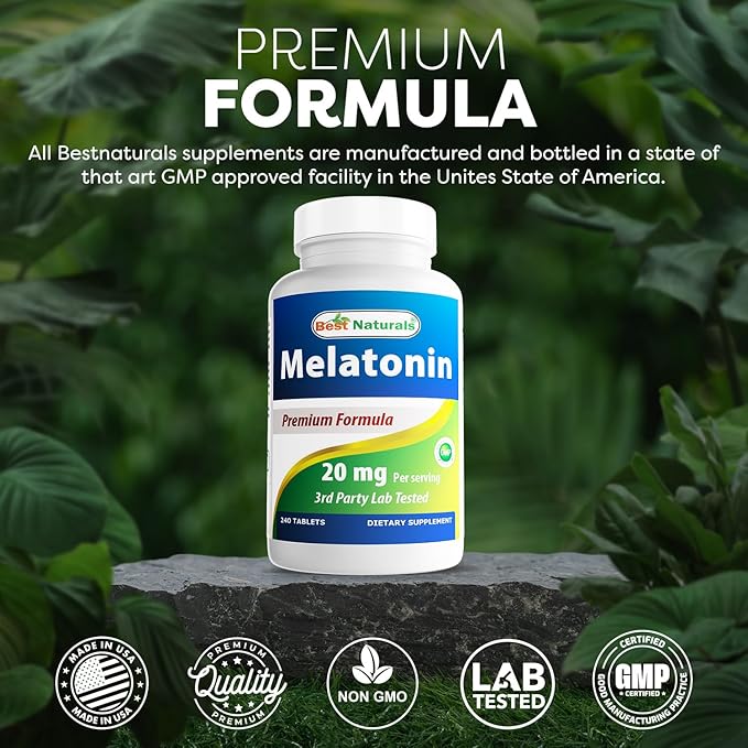 Best Naturals Melatonin 20mg 240 Tablets - Drug-Free Nighttime Sleep Aid - Non-GMO & Gluten Free