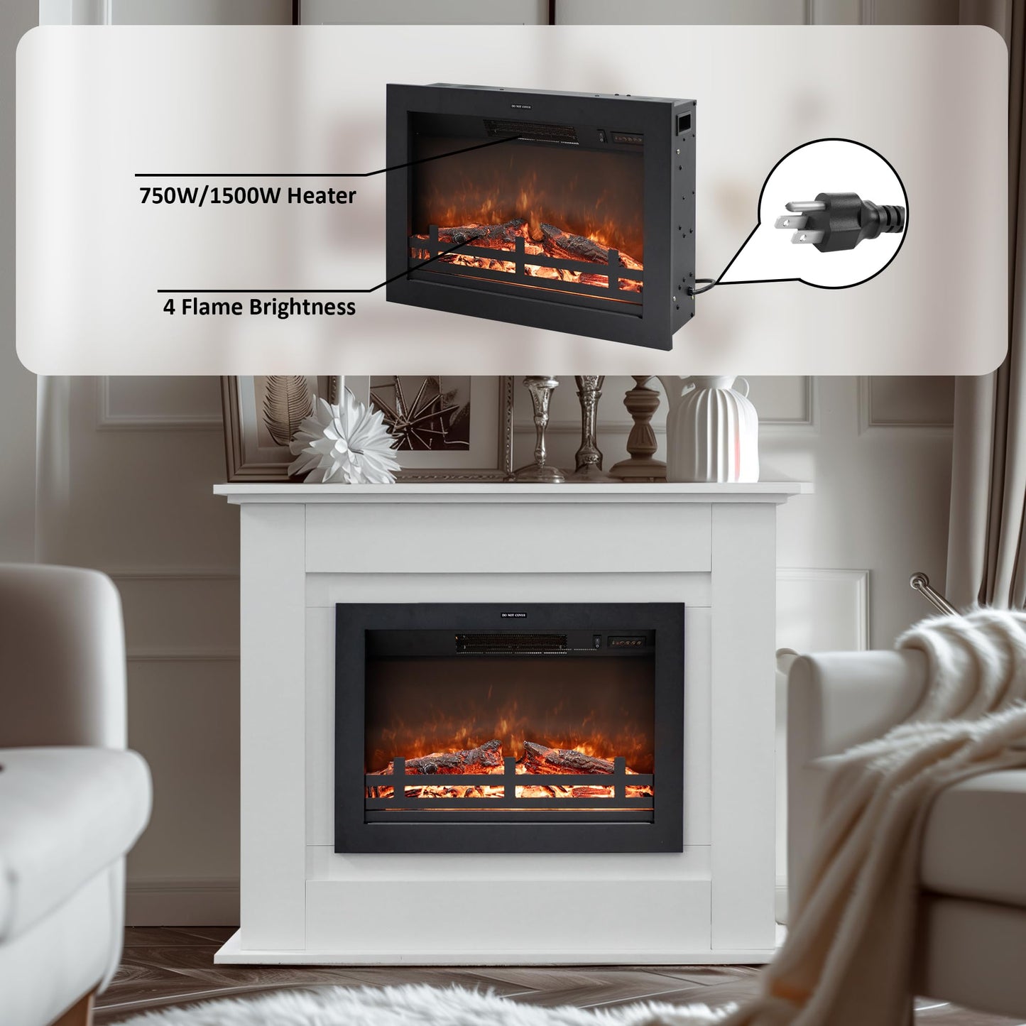 Rodalflame 41" Electric Fireplace with Mantel, Wooden Surround Firebox, Freestanding, Adjustable Flame Brightness, Ivory White, Set of 2