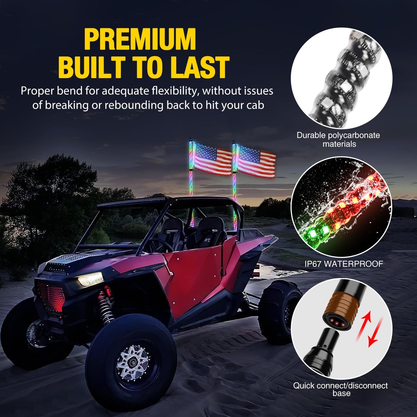 GOOACC 2 PCS 4FT LED Whip Light with Spring Base Spiral RGB Chasing RF Remote Lighted Whips w/Rocker Switch LED Antenna for UTV ATV Truck Sand Rail Buggy Dune RZR Can-am