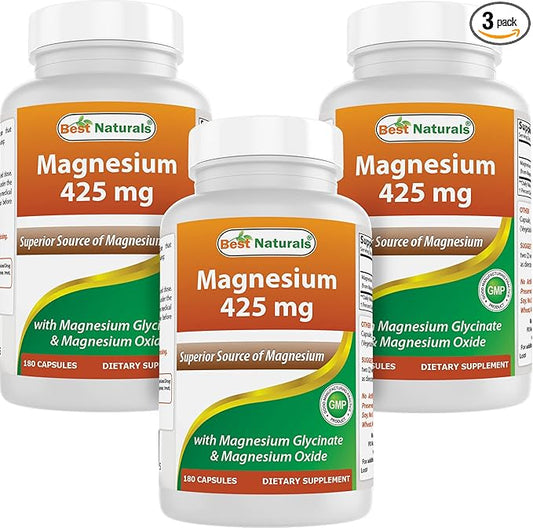 Best Naturals Magnesium 425 mg 180 Veggie Capsules - High Absorption Magnesium Glycinate & Magnesium Oxide Chelated, Non-GMO, Gluten Free Muscle Relax (180 Count (Pack of 3))