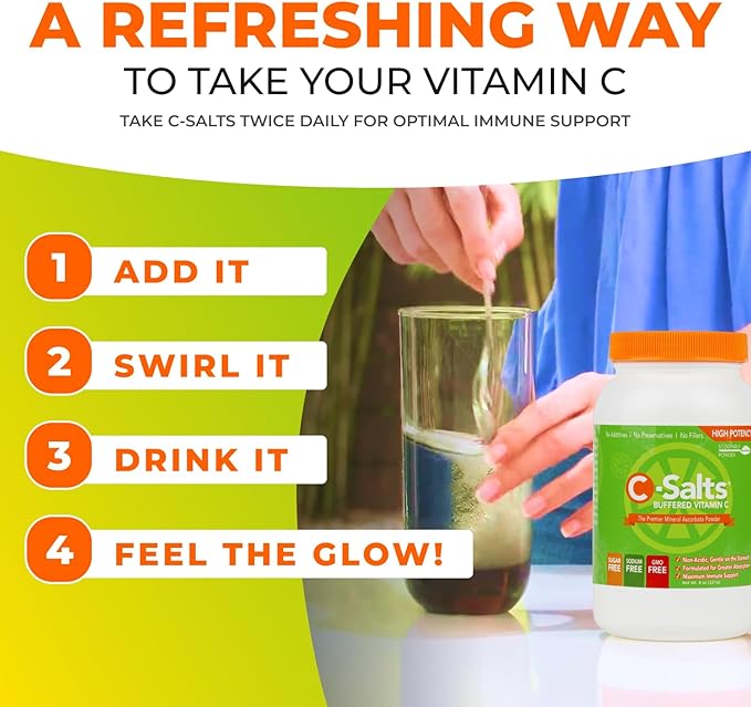 C-Salts Original Vitamin C Powder Supplement - 100% Pure High Dose Buffered Vitamin C Powder for Immune Support - Sugar-Free Powdered Drink Ascorbate, Organic, Stomach-Friendly, Original 26oz