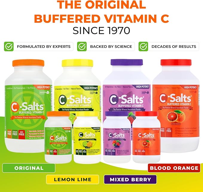 C-Salts Original Vitamin C Powder Supplement - 100% Pure High Dose Buffered Vitamin C Powder for Immune Support - Sugar-Free Powdered Drink Ascorbate, Organic, Stomach-Friendly, Original 26oz