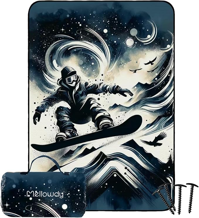 Mellowdy Companion Outdoor Printing Blanket Waterproof, Wind-Resistant, Utility Blanket for Camping, Picnic, Stadium, Beach, Gameday, Travel, Foldable with Carrying Bag（Snowboarder Painting,55x80）