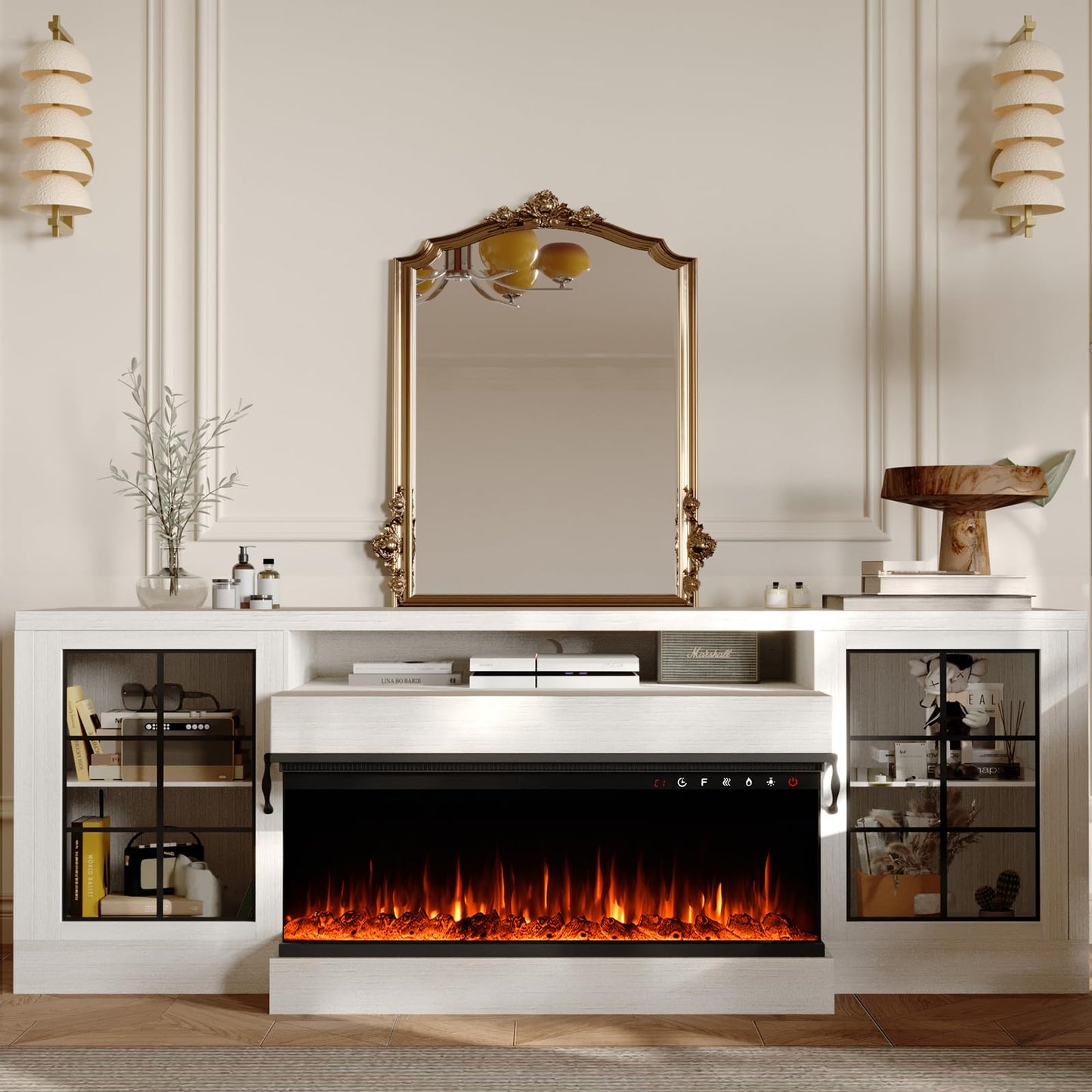 CharaVector 3-Sided Farmhouse Electric Fireplace TV Stand for TVs up to 75'', Entertainment Center with Glass Door Storage Cabinet, 60'' Large TV Stands with 30''Fireplace, White