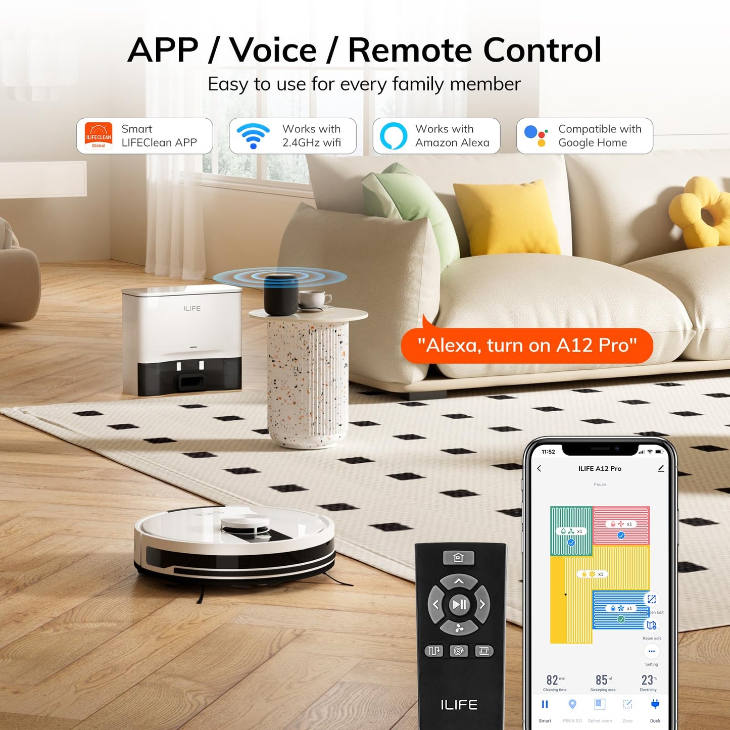 ILIFE A12 Pro Robot Vacuum and Mop Combo, Self Emptying Station for 60 Days, LiDAR Navigation, Home Mapping, No-Go Zones, 2.4G WiFi/App/Alexa/Remote Control, for Hard Floors, 110V