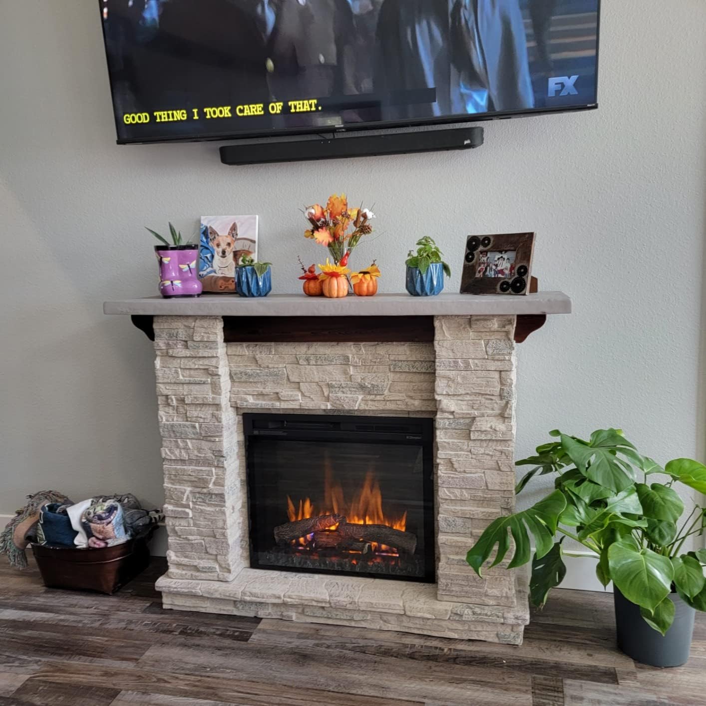 Dimplex Featherston Electric Fireplace with Mantel Surround Package | Pine with Gray Stone-Look, Includes 28" Electric Firebox Heater | 1500W | LED Flames | Remote Control | #GDS28L8-1152LR