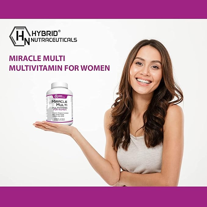 Hybrid Nutraceuticals MiracleMulti Women Multivitamin with Probiotics, Biotin, Folic Acid, Enzymes + Fruit & Vegetable Blend - Immune Support, Heart Health, Energy: 60 Servings (Non-GMO)