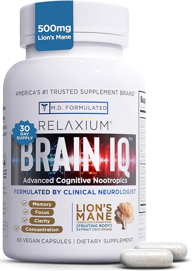 BrainIQ Nootropic Brain Supplements for Memory and Focus | Memory Supplement for Brain Health | Cognitive Supplement & Memory Pill with Lion's Mane, L-threonine & Coffee Extract - 60 Count (Pack of 1)
