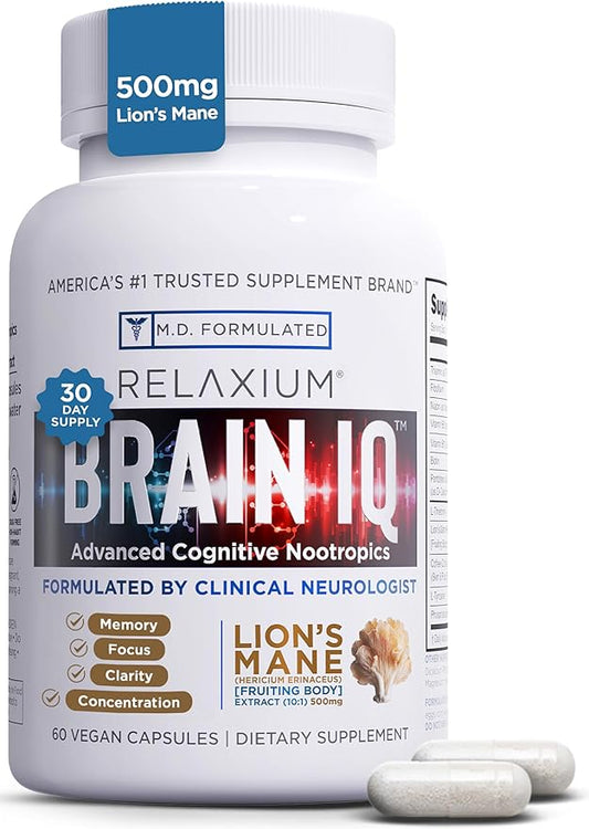 BrainIQ Nootropic Brain Supplements for Memory and Focus | Memory Supplement for Brain Health | Cognitive Supplement & Memory Pill with Lion's Mane, L-threonine & Coffee Extract - 60 Count (Pack of 1)