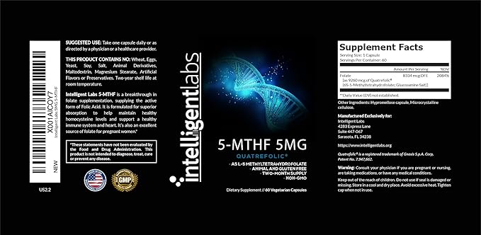 Intelligent Labs 5-MTHF L-5 Methylfolate Supplement Activated Folic Acid Supplement as Quatrefolic - Methyl Folate for MTHFR 60 Capsules - 60 Days Supply, 5mg = 5000mcg Methylfolate