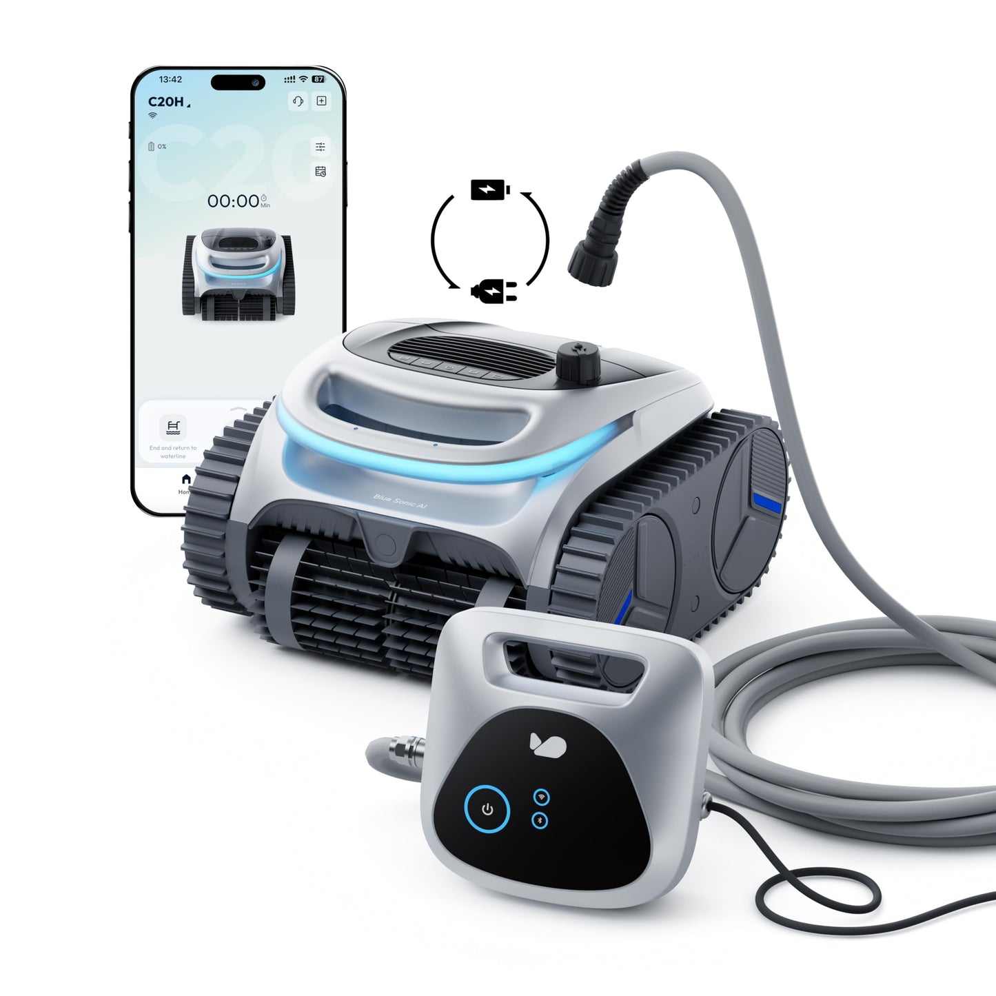 BUBLUE C20H Robotic Pool Cleaner, Corded & Cordless - Hybrid Pool Vacuum Robot, Superior Suction, Smart Navigation, APP Control, Floor/Wall/Waterline, for Above & In-ground Pools up to 1,615 Sq.Ft