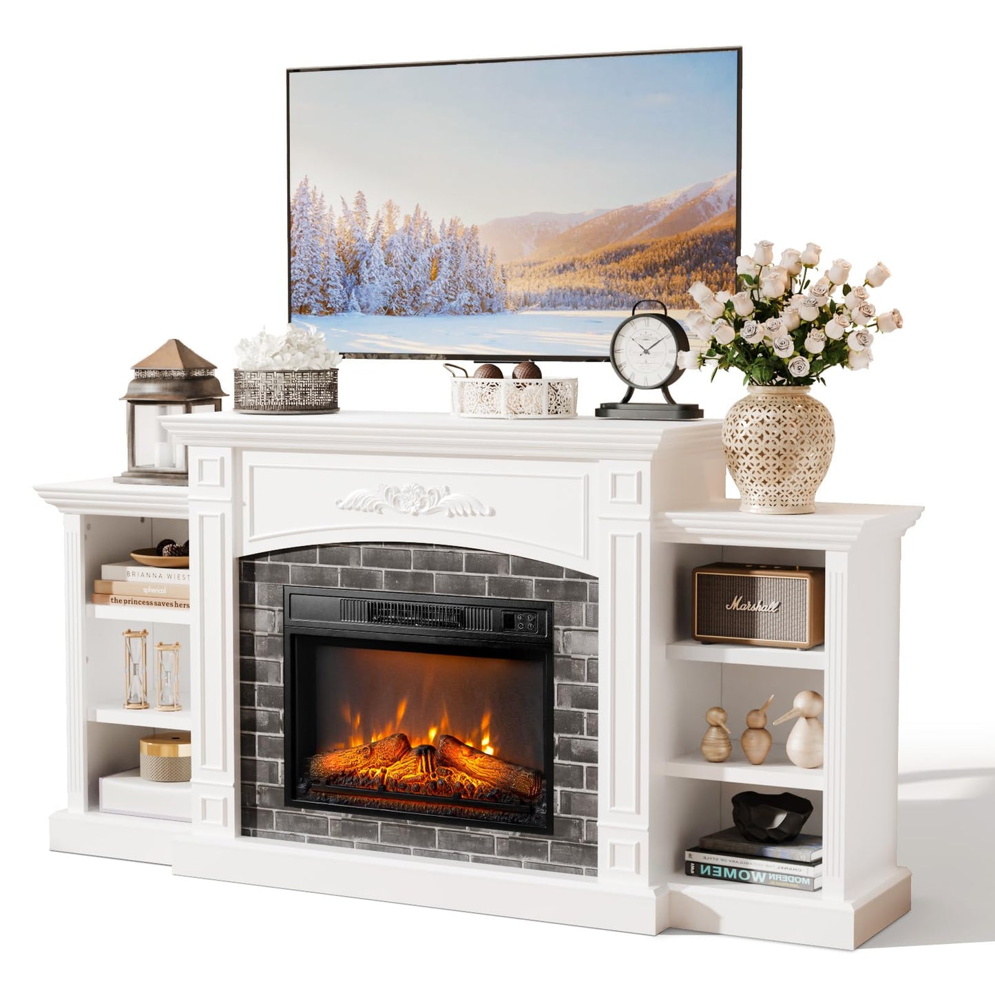 Bonnlo 80'' Fireplace TV Stand for 90'' TVs, Farmhouse Modern Electric Fireplace with Mantel, Media Entertainment Center Console Table with Ample Storage ＆ Adjustable Shelves, White