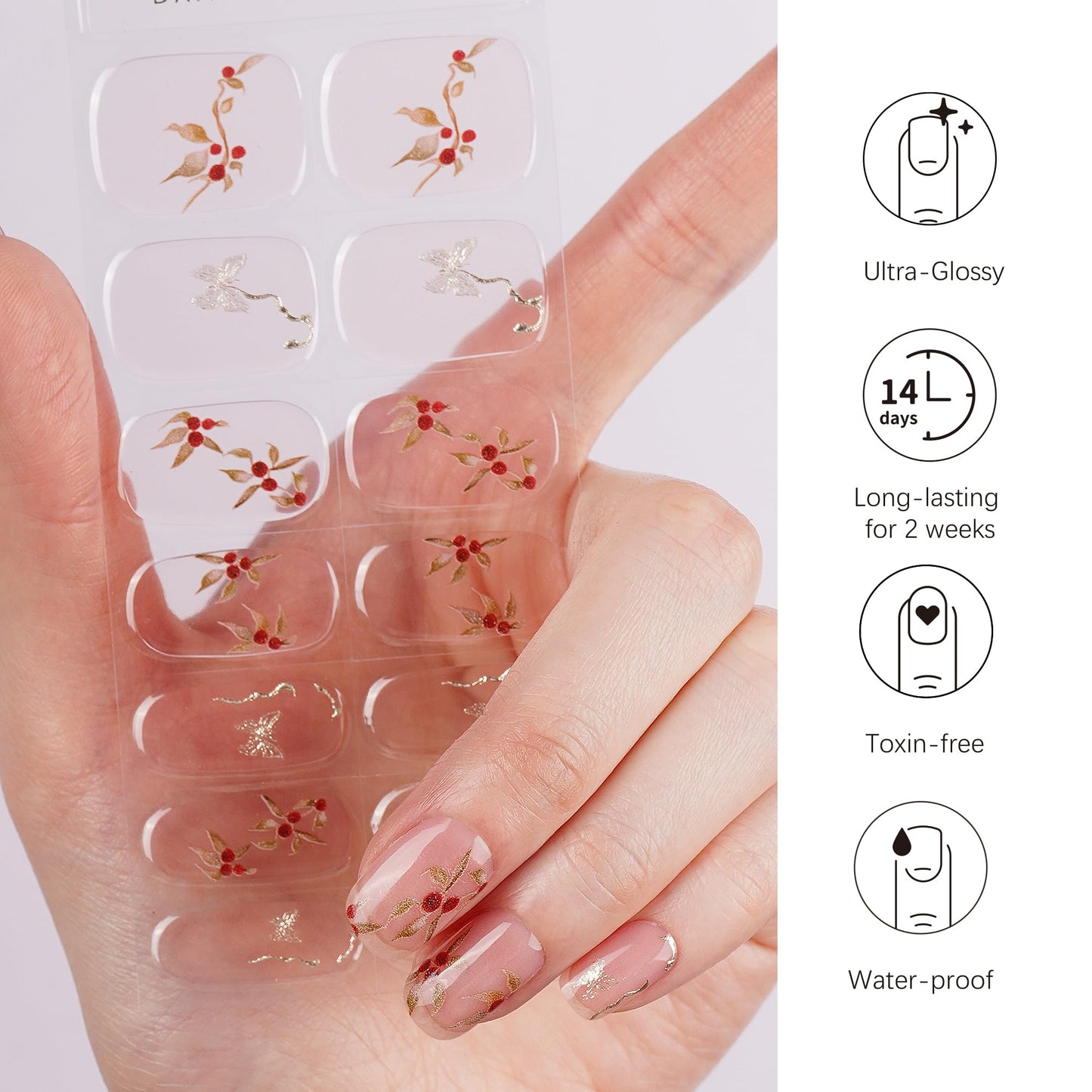 DANNI & TONI Semi Cured Gel Nail Strips Rose Hip (Blossom) Golden Butterfly Gel Nail Wraps UV Led Nails 28 Stickers Gift for Women