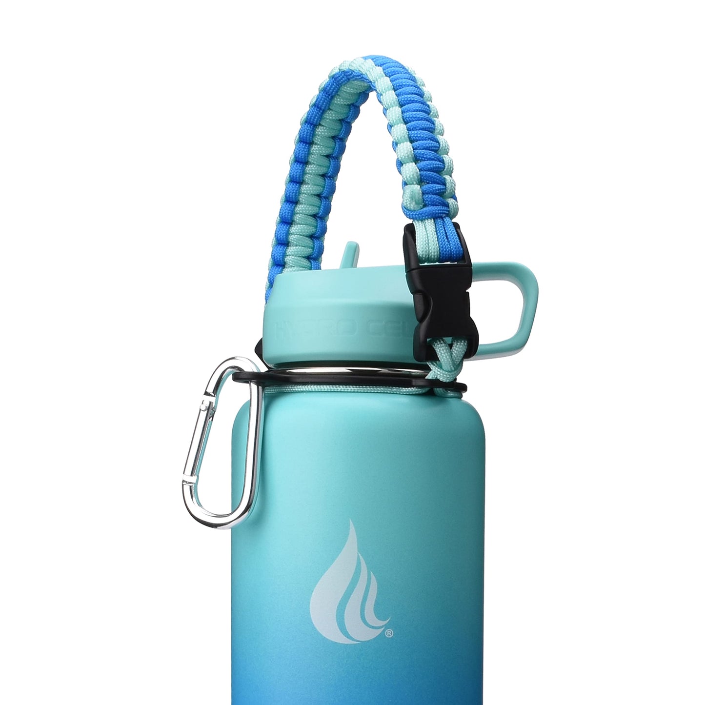 HYDRO CELL Paracord Handle for Wide Mouth Water Bottles - Carrier Strap w/Attachment Ring and Carabiner Accessory. Compatible w/ 64oz, 40oz 32oz, 24oz, 18oz, 14oz Insulated Bottles (Blue/Teal)