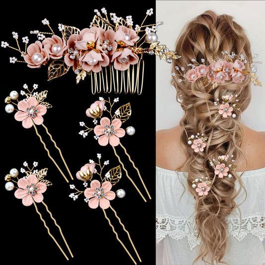 5 Pieces Bridal Flower Wedding Hair Pins Crystal Pearl Hair Combs Clips Headpiece Gold Wedding Hair Accessories Jewelry with Rhinestone for Brides Bridesmaids Women Girls Updo (Cherry Blossoms Pink)