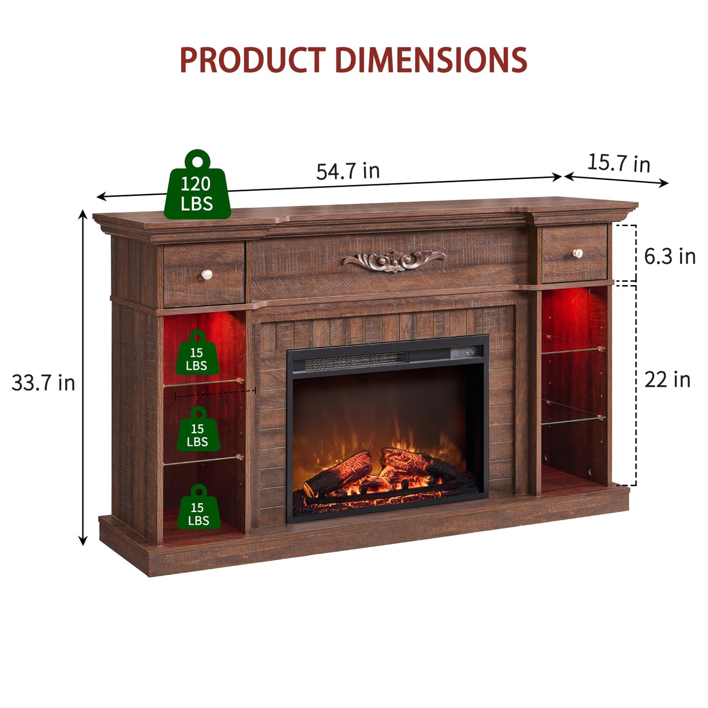 IFBUY 54" Farmhouse Electric Fireplace TV Stand for 60 Inch TV, 33" Tall LED Entertainment Center w/7 Color, Open Adjustable Shelves & Drawers, 23'' Fireplace Insert Heater for Living Room, Brown