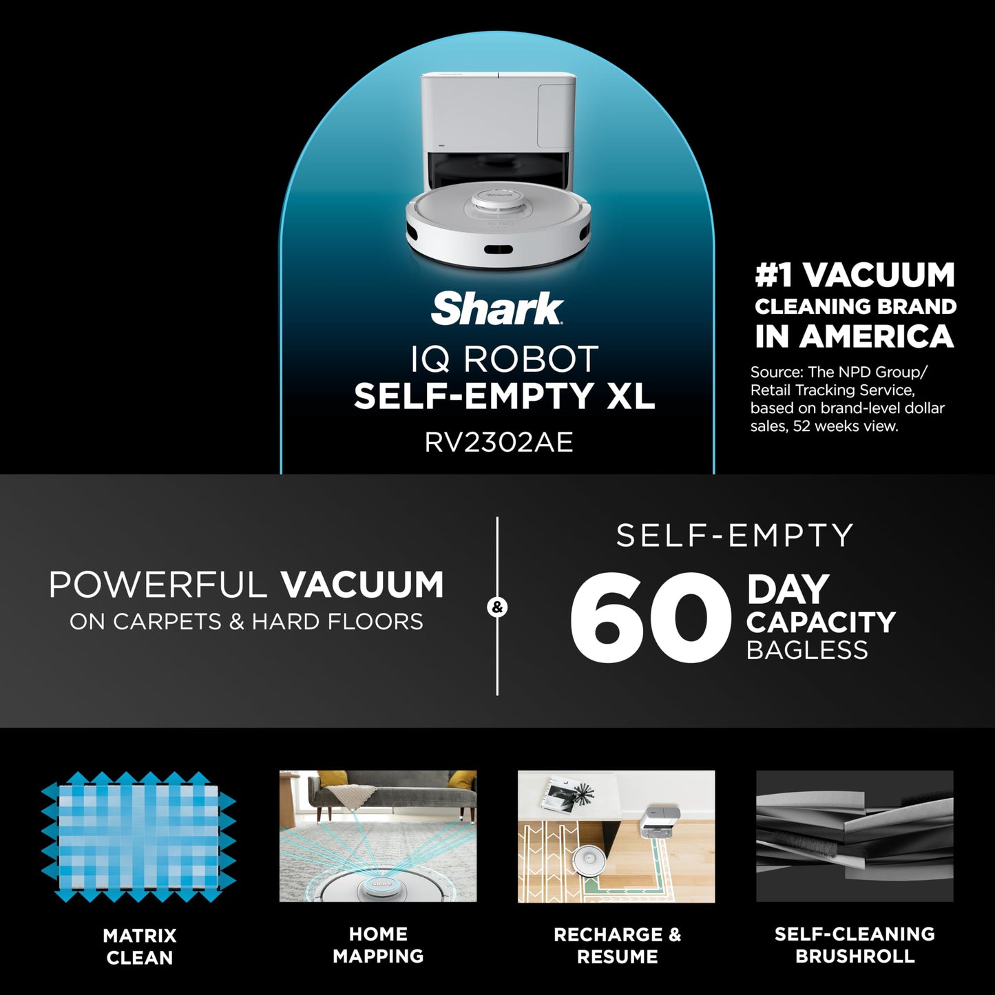 Shark IQ Robot Vacuum with Bagless Self-Empty 60 Day Capacity Base, Multi-Surface Cleaning, Powerful Suction, Pet Hair Pickup, for Carpets & Hardfloors, Home Mapping, White, RV2302AE