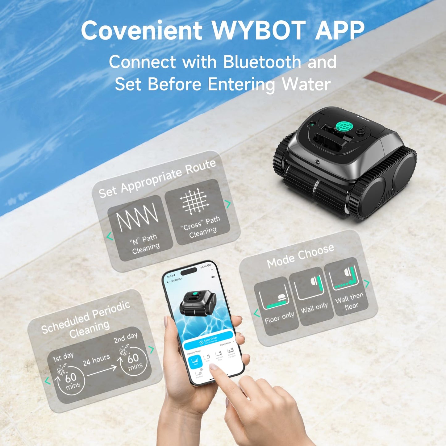 WYBOT C1 Robotic Pool Vacuum for Inground Pools, Cordless Pool Cleaner, 4-in-1 Wall & Waterline Cleaning Up to 1,614Sq.ft, Smart Navigation, App Support