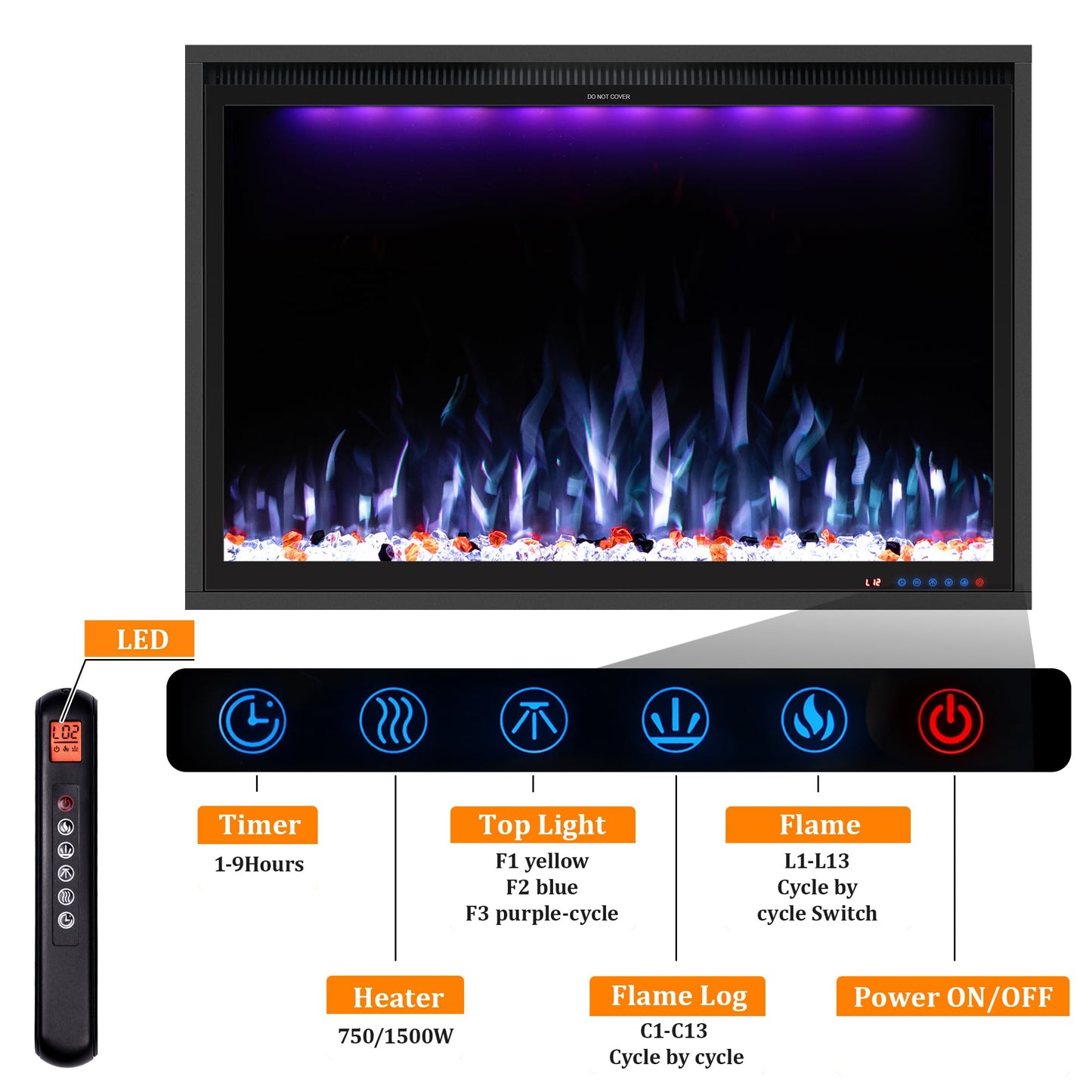 Benrocks 40'' WiFi- Enabled Electric Fireplace Inserts - Alexa & App Control, Slim Recessed & Wall Mounted, 13 * 13 * 3 Flame Color Combinations, 750W/1500W, Black