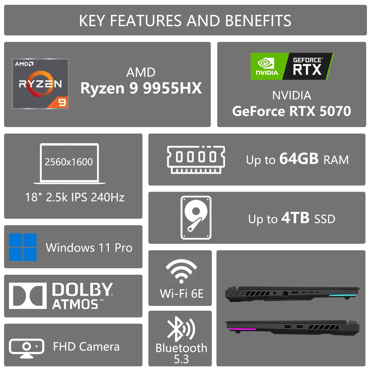 ASUS ROG Strix G18 G814 Gaming Laptop | 18" 2560x1600 240Hz 100% DCI-P3 | AMD 16-core Ryzen 9 9955HX (>i9-14900HX) | 64GB DDR5 1TB SSD | GeForce RTX 5070 | RGB Backlit Wi-Fi6E Win11 w/DLCA Accessory