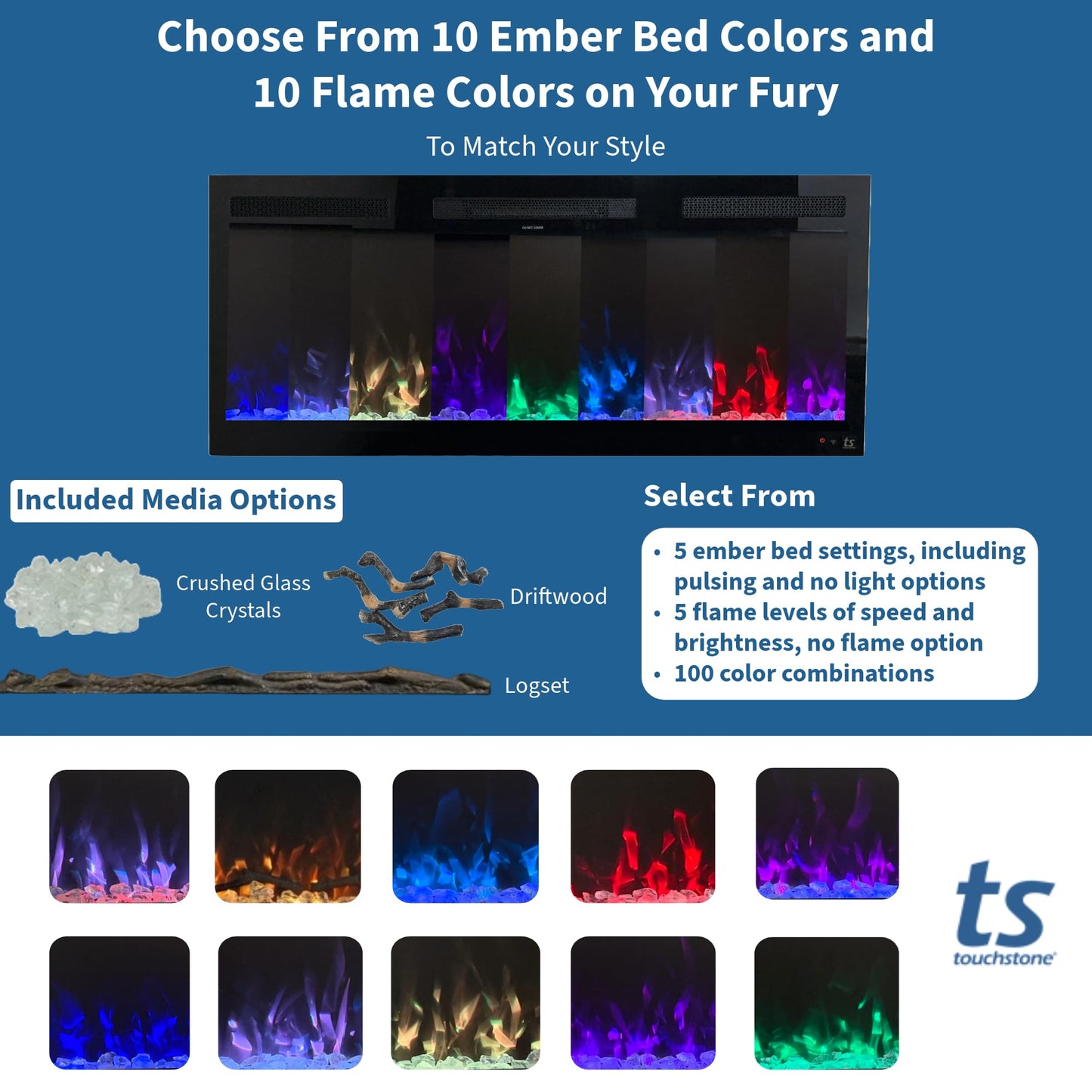 Touchstone Smart Electric Fireplace-The Fury 57" Wide- 4.5" Thin in Wall Recessed-100 Realistic Flame/Ember Bed Color Combos-1,500W Heater-Larger Viewing Area-Alexa/WiFi Enabled
