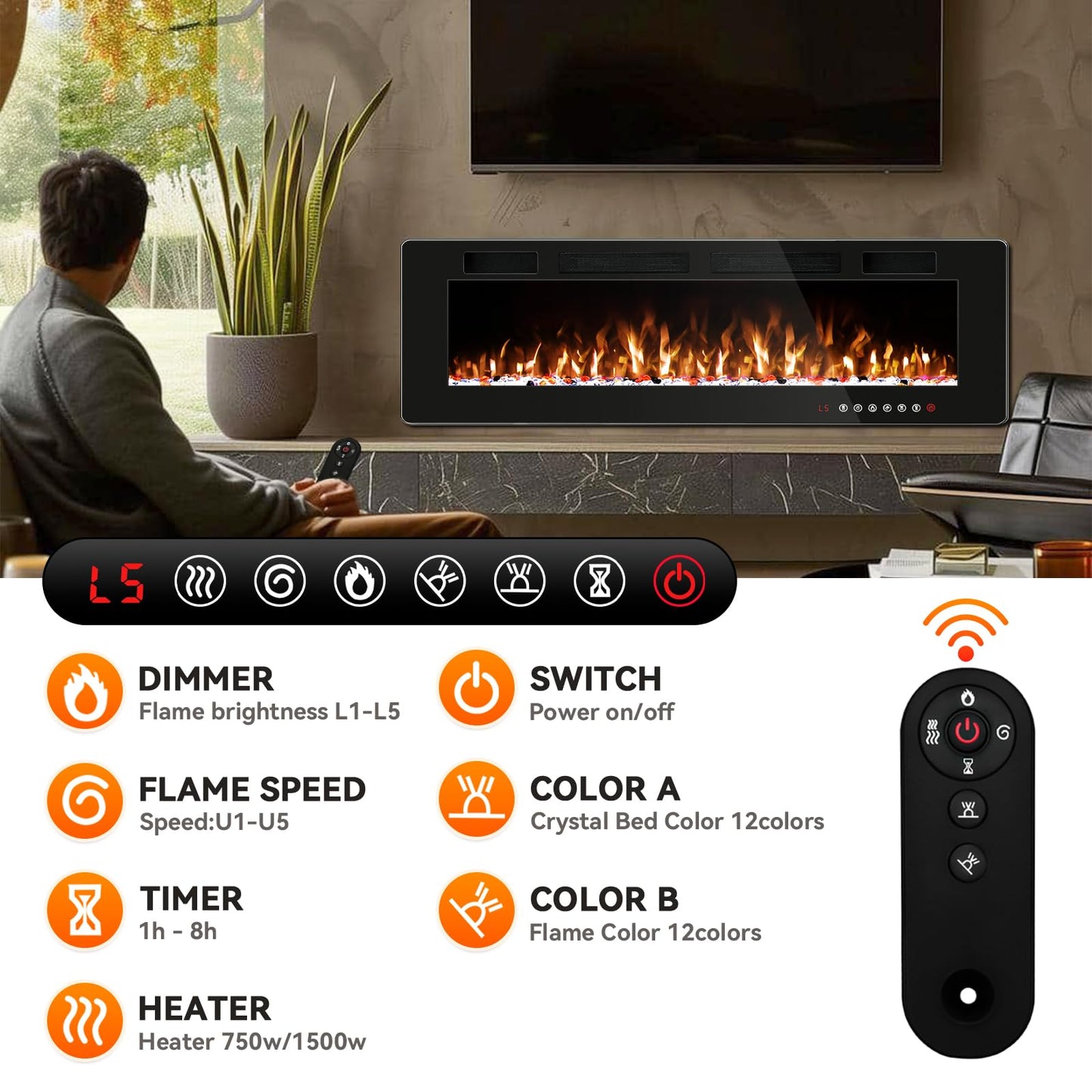 Tornivk 72 Inch Electric Fireplace Inserts Ultra-Thin Freestanding 750/1500W Electric Fireplace Heater Wall Mounted or Recessed Fireplace Electric with Adjustable Multicolor Flame,Timer