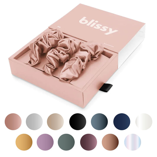 Blissy Silk Scrunchies (3 Pack) - 100% Pure Mulberry Silk - 22 Momme 6A High-Grade Fibers - Silk Scrunchie for Straight & Curly Hair - Preventing Breakage, Tangling, & Creasing (Pink Regular)