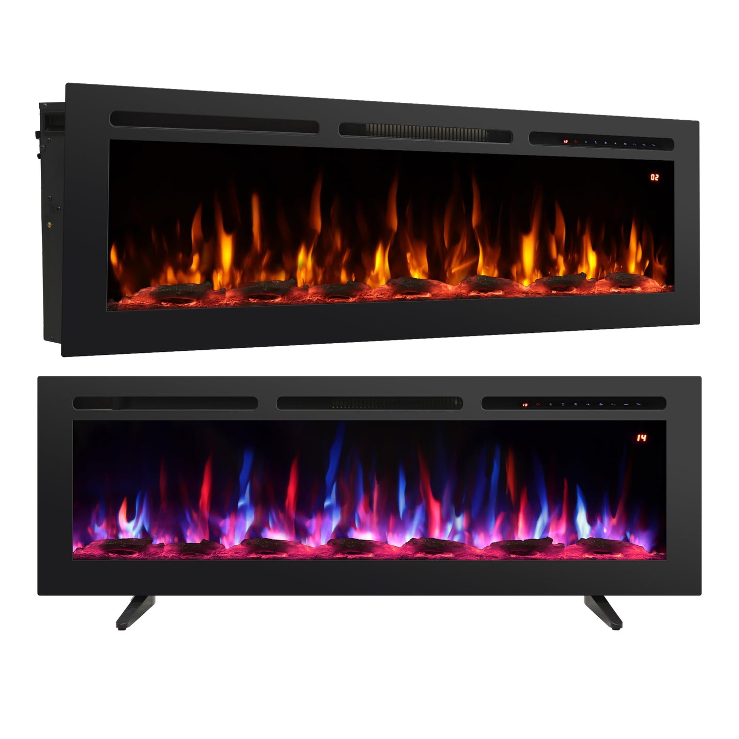 Rodalflame 54" Electric Fireplace Inserts, Adjustable Flame&Speed, Thermostat Heater, Recessed, Wall Mount, Freestanding, Brightness, Child Lock, Timer