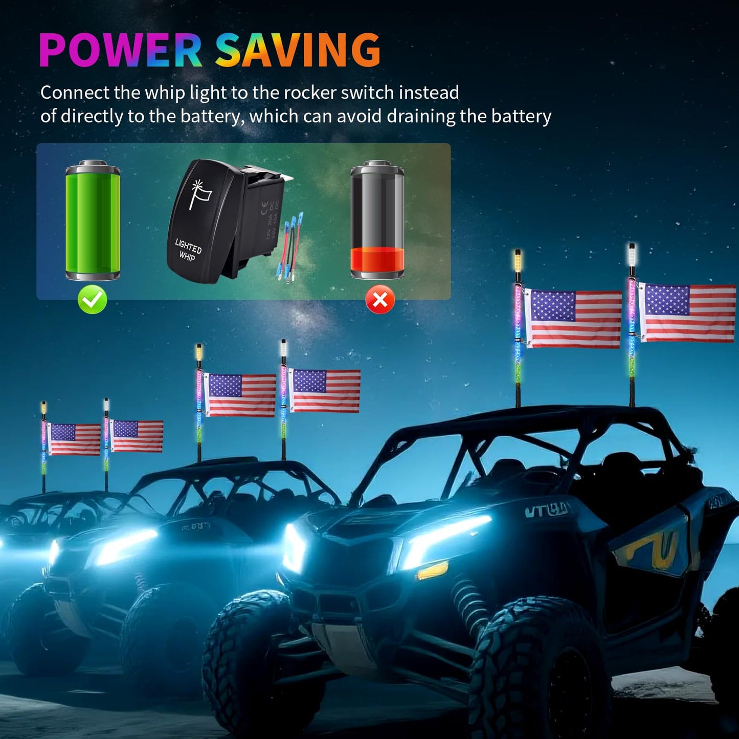 2PCS 3FT LED Whip Light and Blare Flash Light Kit with Spring Base, Spiral RGB Chase and Music Lights Whips with Rocker Switch, App & Remote Control, for UTV ATV RZR SXS Can-Am Polaris