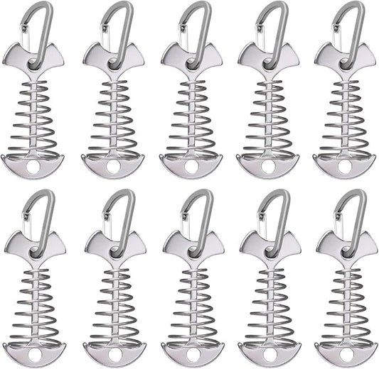 Fishbone Deck Anchor Pegs with Carabiners, Aluminium Deck Tent Stakes with Spring Buckle Aluminium Deck Windproof Tent Stakes for Outdoor Camping Hiking (10Pcs Silver)