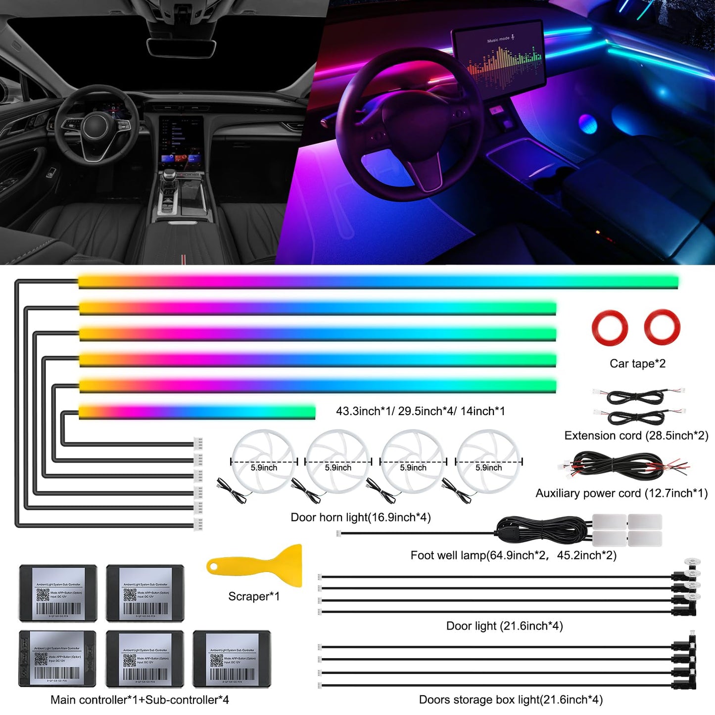 Dreamcolor Acrylic Interior Car LED Strip Light with Wireless APP, RGB 22 in 1 with 175 inches 600 LEDs Fiber Optic Ambient Lighting Kits, Dynamic Chasing Music Sync Neon LED Strip for Car Accessories