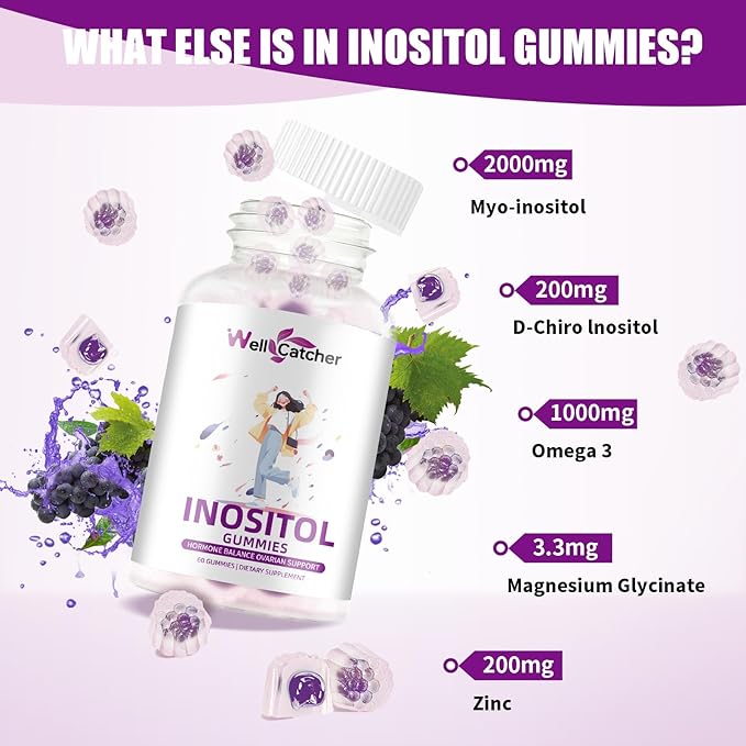 Inositol Gummies Myo-Inositol & D-Chiro Inositol Ideal 40:1 Ratio Inositol Supplement with Omega-3 Vitamin D3 Supports Healthy Ovulation Cycle Regularity Grape Flavor 2 Packs