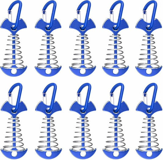 Fishbone Deck Anchor Pegs with Carabiners, Aluminium Deck Tent Stakes with Spring Buckle Aluminium Deck Windproof Tent Stakes for Outdoor Camping Hiking (10Pcs Blue)