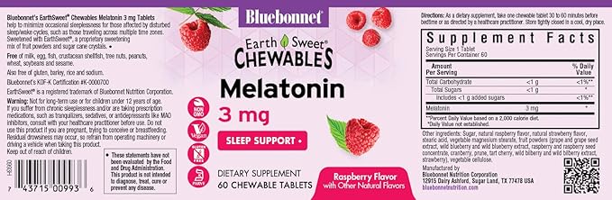 Bluebonnet Nutrition EarthSweet Melatonin 3 mg Fast-Acting Quick Dissolve Nighttime Relaxation & Restful Sleep Support - Sleep Aid - Gluten-Free, Vegan - Raspberry Flavor - 60 Chewable Tablets