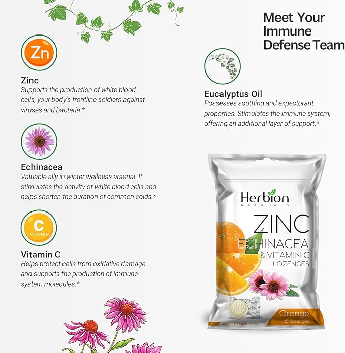 HERBION Naturals Zinc, Echinacea & Vitamin C Lozenges 25 CT - Dietary Supplement for Adults & Children 5+ - Promotes Wellness for The Whole Family (25 Count (Pack of 1), Orange)