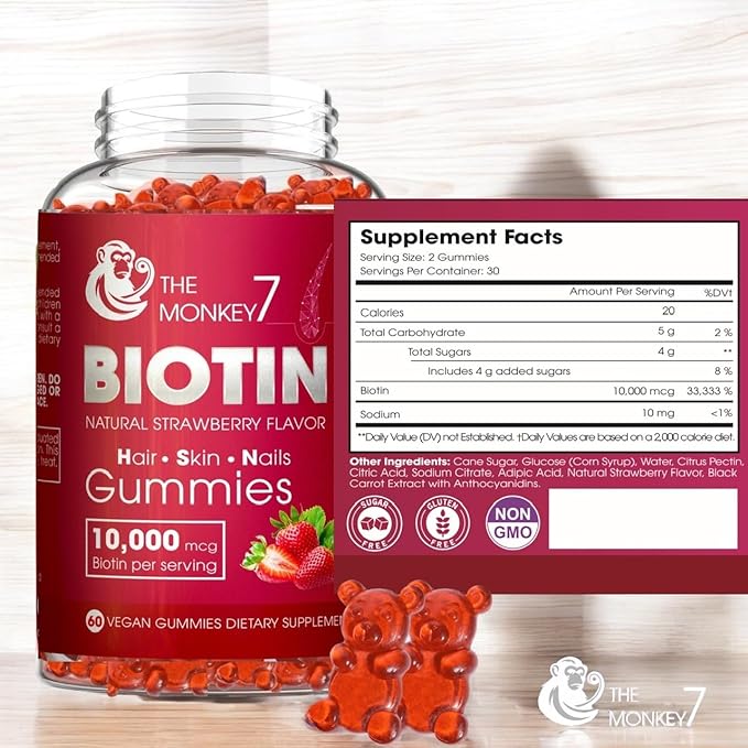 Biotin Gummy Bears Hair Growth Products Biotin 10000mcg | Biotin Gummies Hair Skin and Nails Vitamins Sugar Free Non GMO Gluten Free 60 Gummies 30 Day Supply - 2 Pack