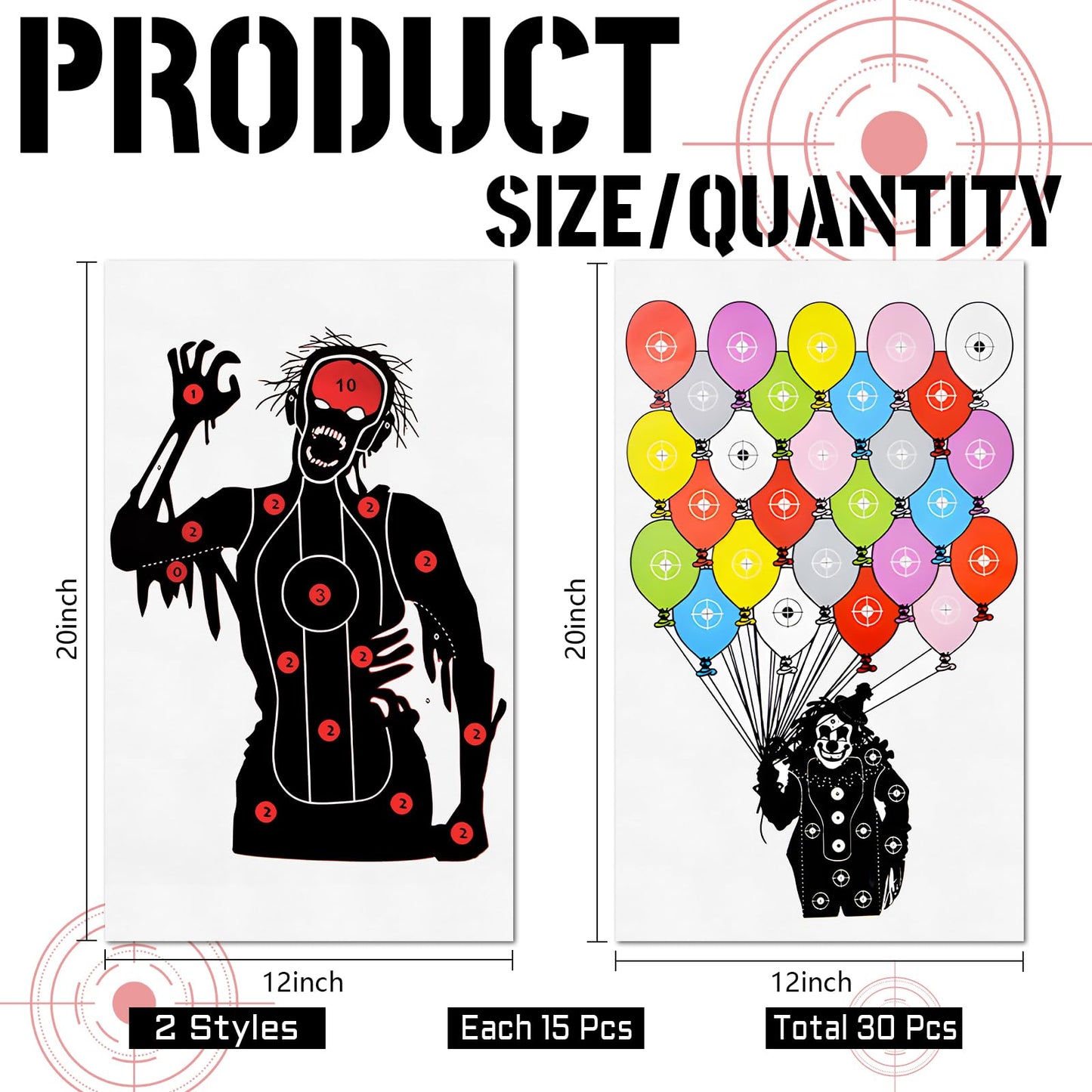 30 Pcs Shooting Targets for The Range - 20 x 12 Inches Zombie Archery Targets Paper, Bow and Arrow Targets Paper for Backyard, for Indoor Outdoor Practice & Shooting (MIX-Clown+Zombie)