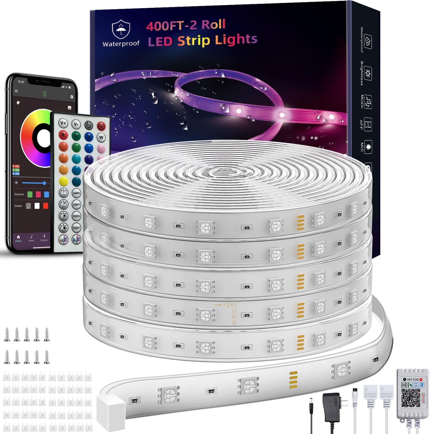 Ledagic Outdoor Led Strip Lights Waterproof 400ft, Ip68 Outside Led Light Strip Waterproof with Remote and App Control, Exterior Led Rope Lights Music Syne RGB Strip Lights for House Party Decoration